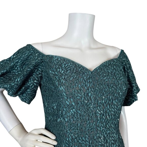 Aidan Mattox Puff Sleeve Sequined Embroidered Evening Dress Gown Teal Size 6 - Picture 3 of 9